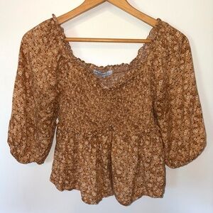 Arizona Jean Company Rust Brown Floral Smocked Peasant Blouse